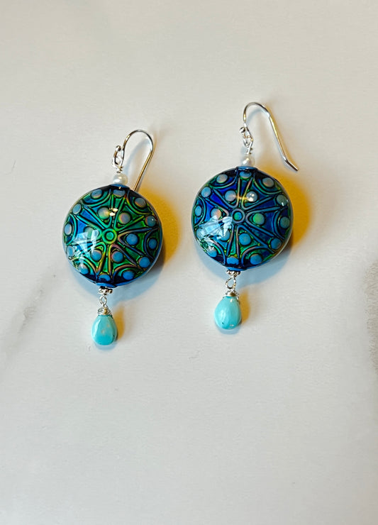 Funky color changing mood bead, Pearl and Turquoise Sterling Earrings