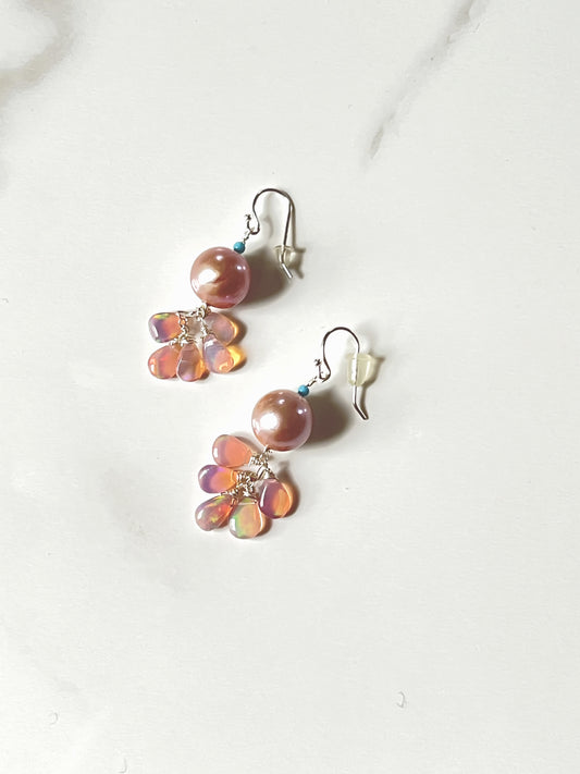 Outstanding Pink Akoya Pearl and Pink Opal drop Sterling earrings with Turquoise