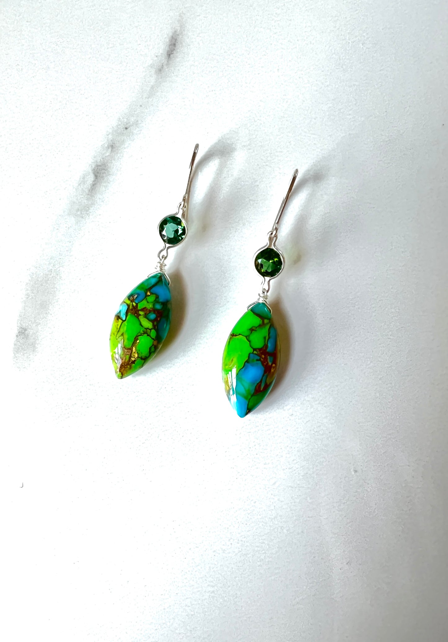 Maine green Tourmaline and conglomerate turquoise Sterling earrings.