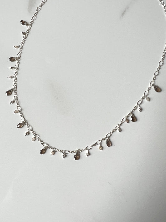 Delicate Smoky Quartz, Moonstone and silver ball Sterling necklace