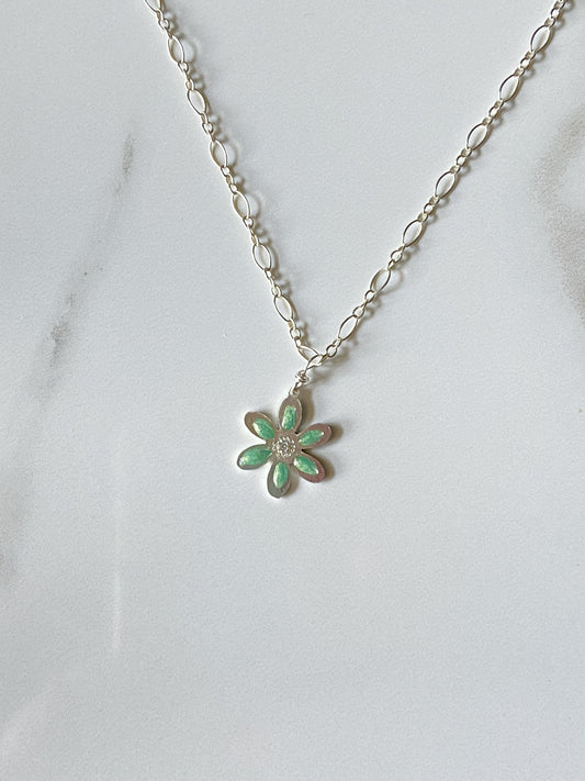 Delicate Sterling teal epoxy pigmented flower with Moissanite accent